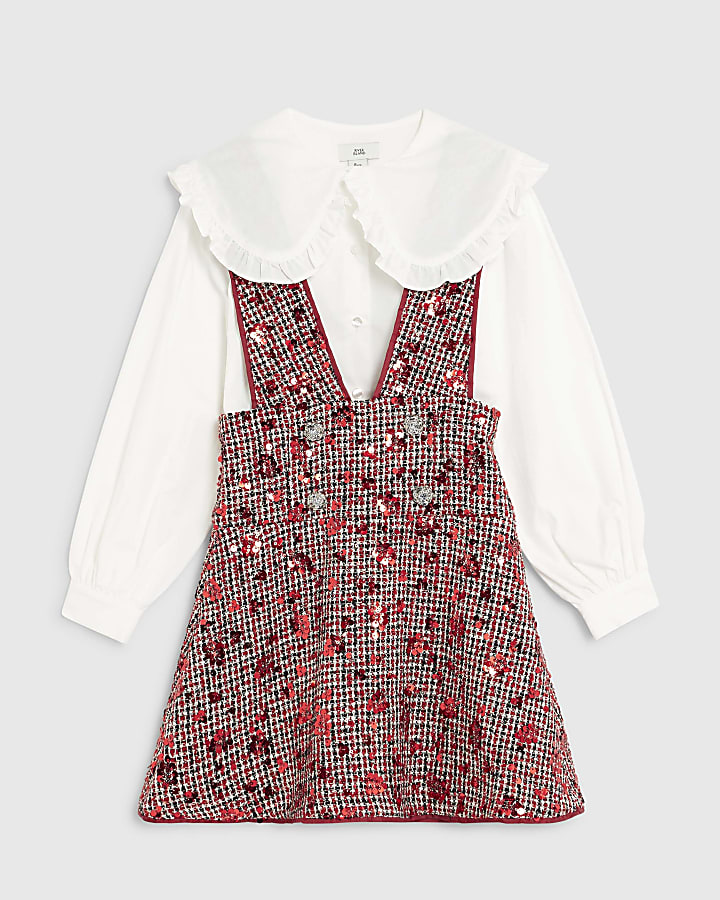 Girls Red Boucle Pinafore Shirt Dress