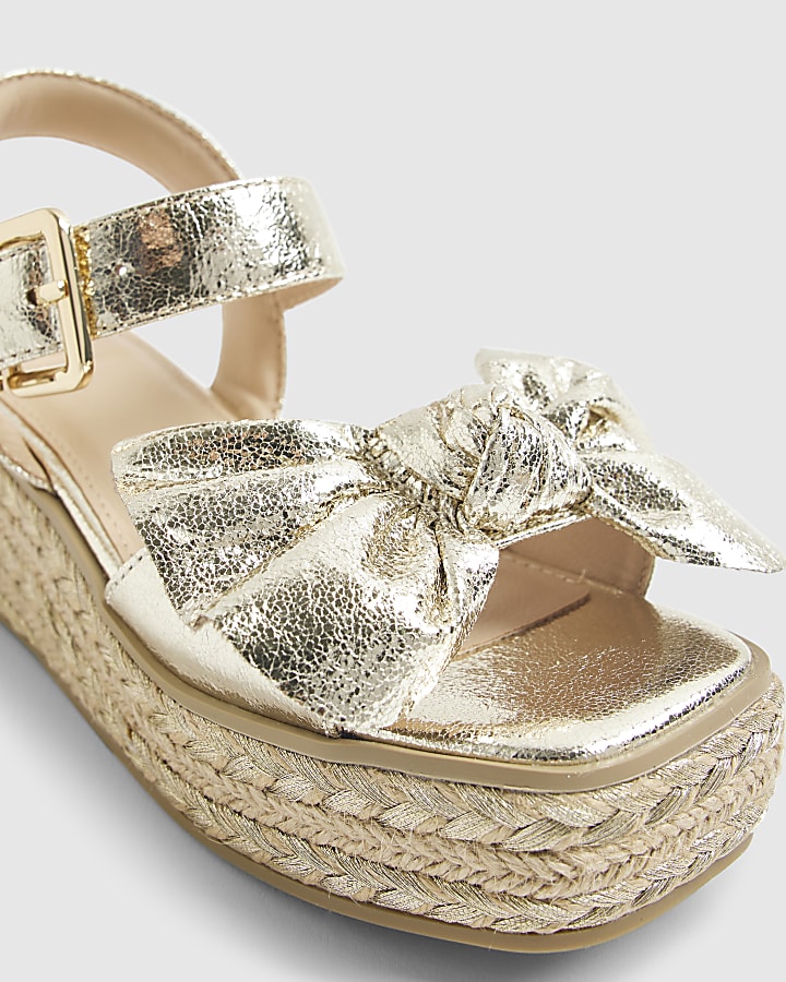 Girls Gold Metallic Bow Wedge Sandals