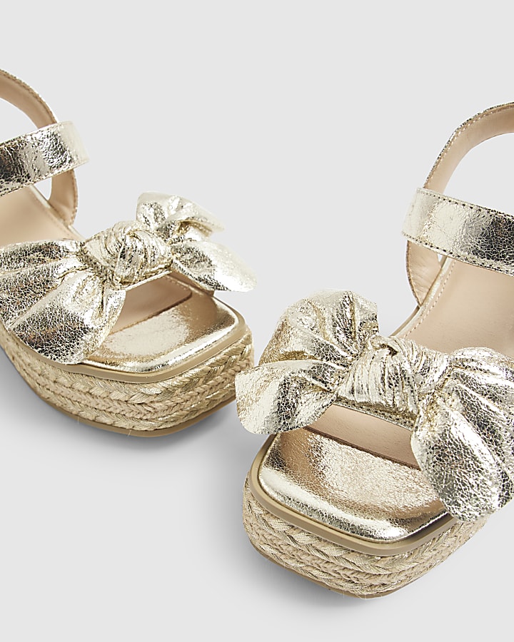 Girls Gold Metallic Bow Wedge Sandals