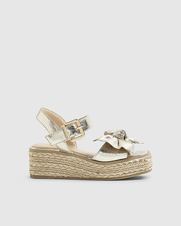 Girls Gold Metallic Bow Wedge Sandals