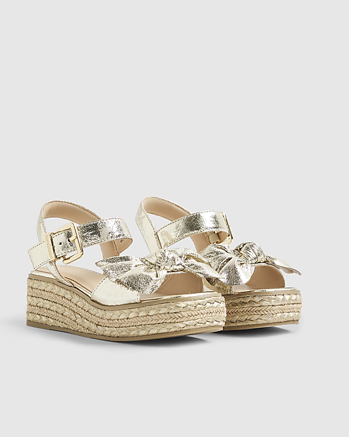 Girls Gold Metallic Bow Wedge Sandals