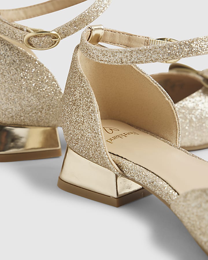 Girls Gold Glitter Bow Heel Mary Jane Shoes