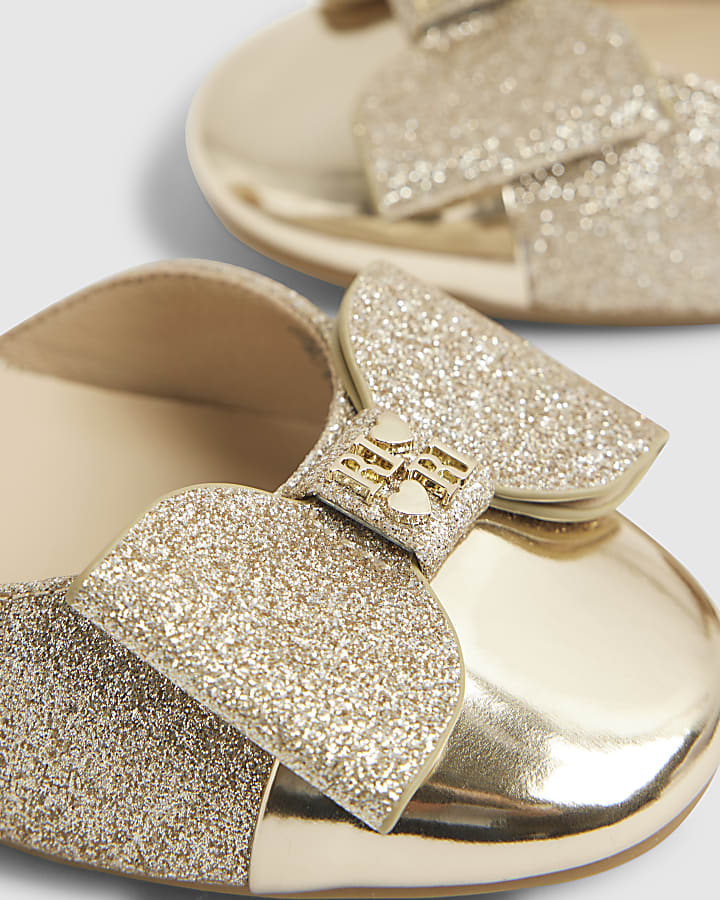 Girls Gold Glitter Bow Heel Mary Jane Shoes