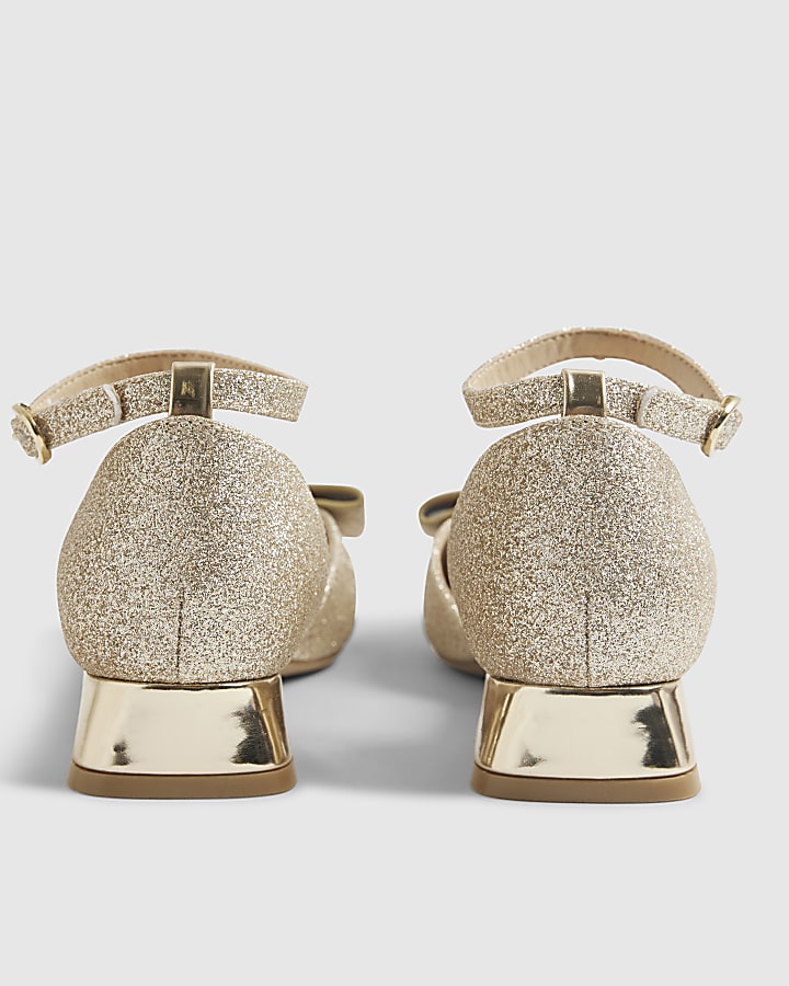 Girls Gold Glitter Bow Heel Mary Jane Shoes