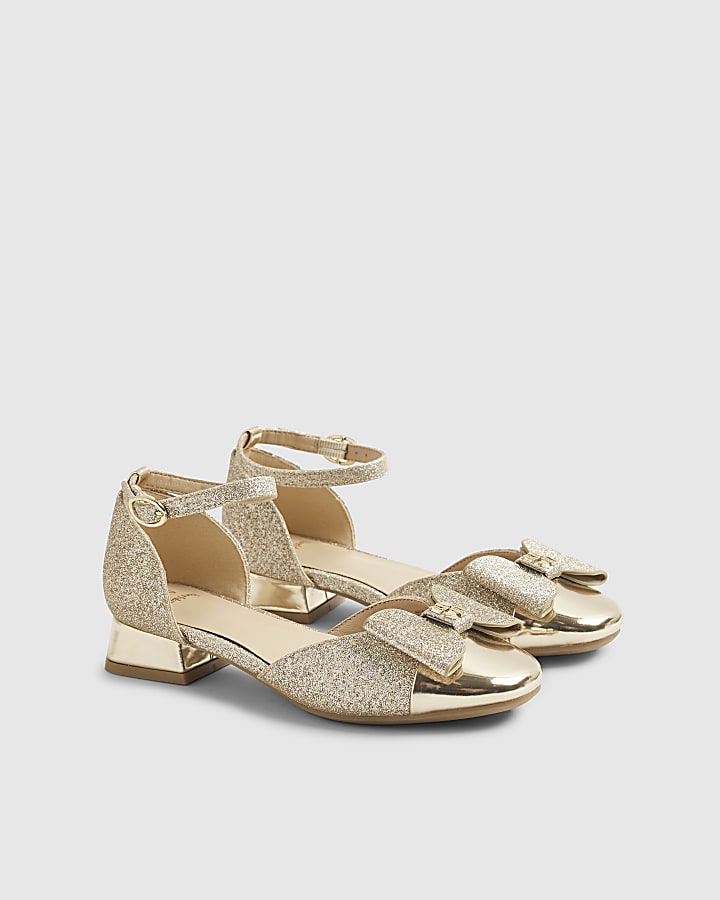 Girls Gold Glitter Bow Heel Mary Jane Shoes