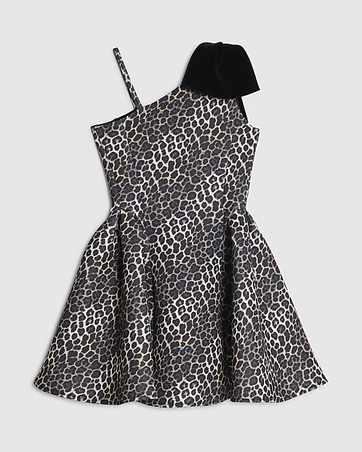 Girls Brown One Shoulder Bow Skater Dress