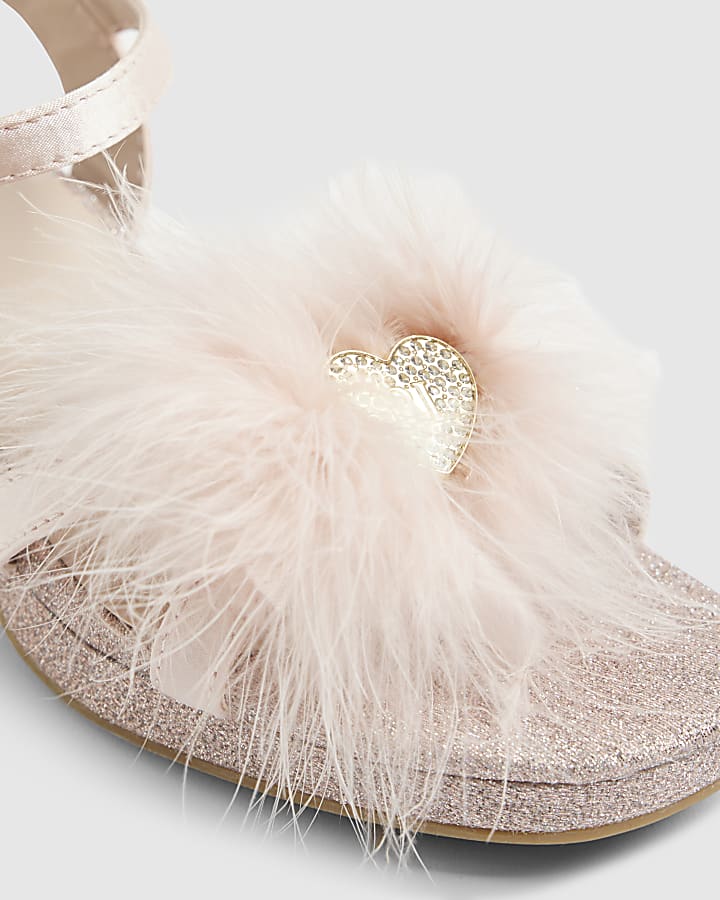 Girls Pink Glitter Fluffy Heeled Sandals