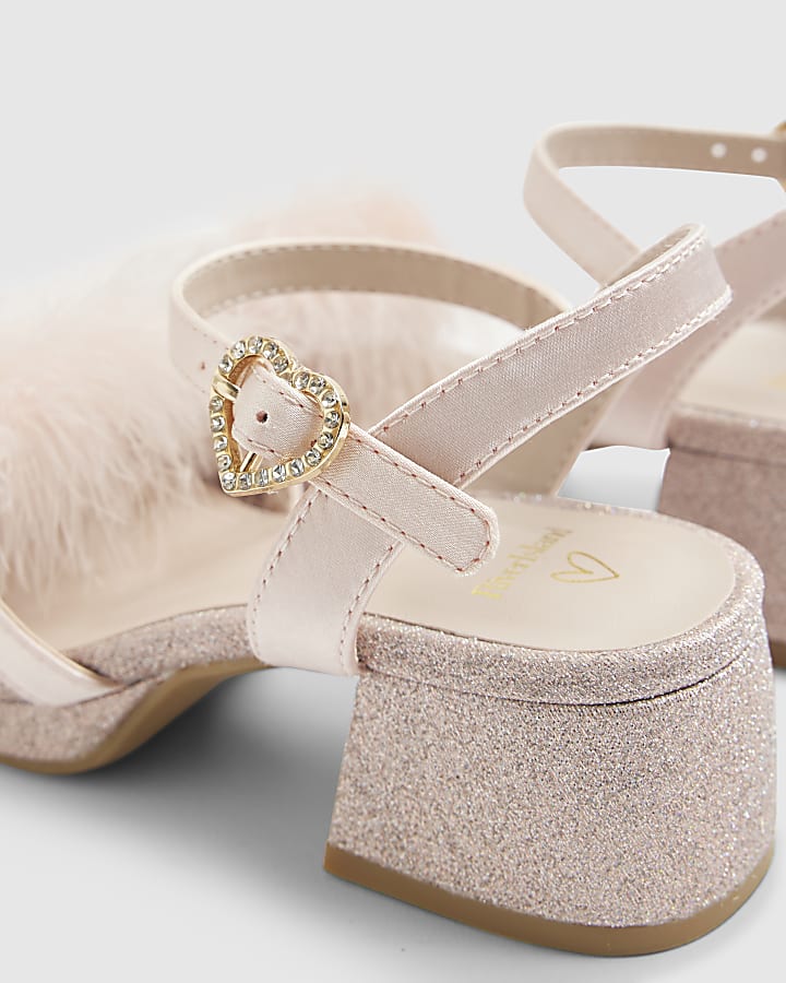 Girls Pink Glitter Fluffy Heeled Sandals