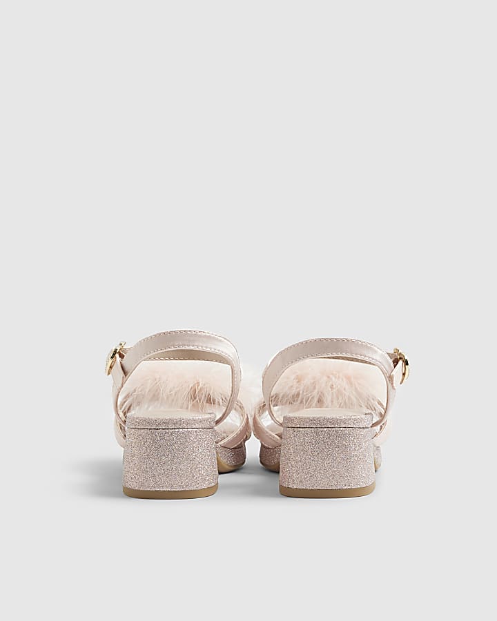Girls Pink Glitter Fluffy Heeled Sandals