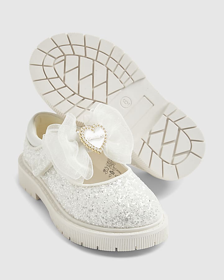 Mini Girls White Glitter Bow Mary Jane Shoes