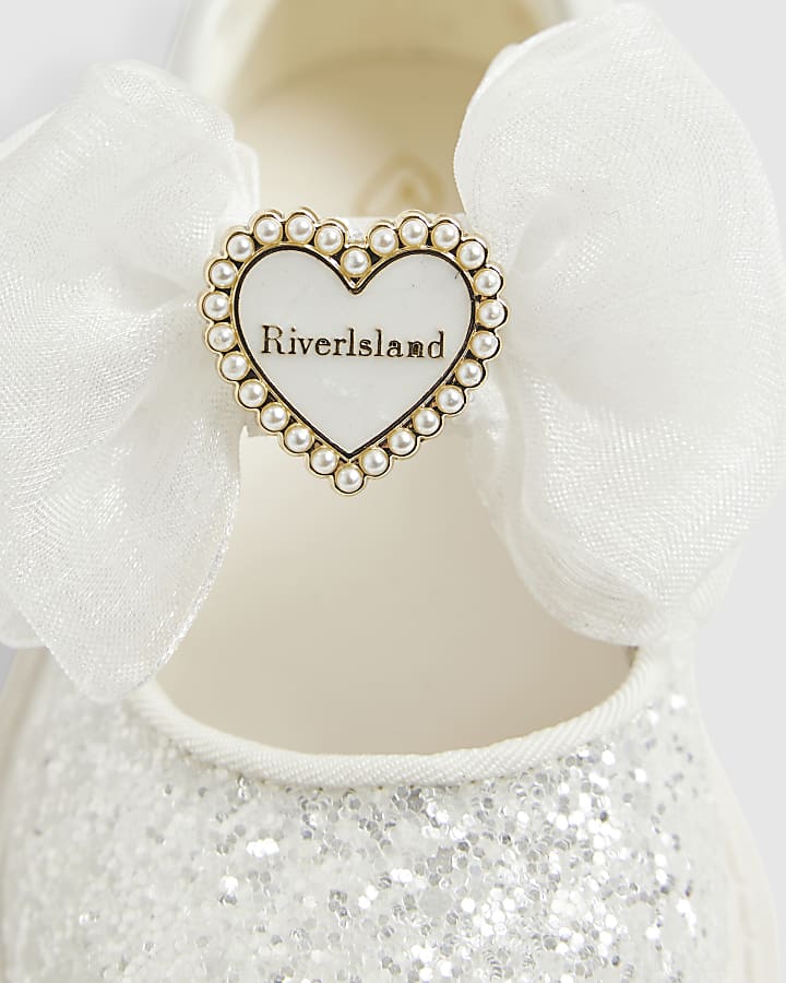 Mini Girls White Glitter Bow Mary Jane Shoes