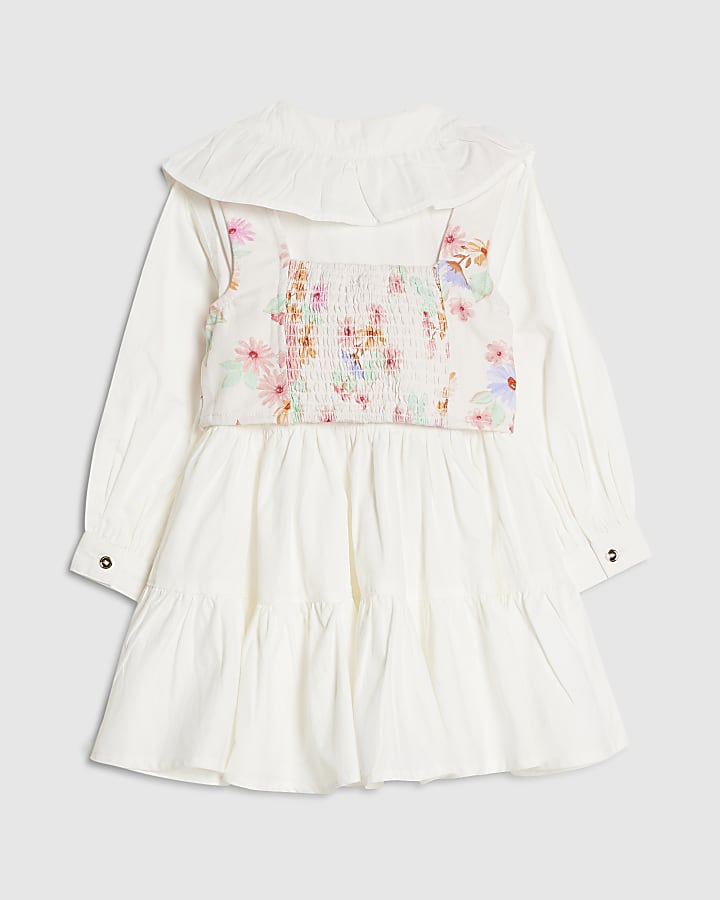 Mini Girls White Floral 2in1 Shirt Dress