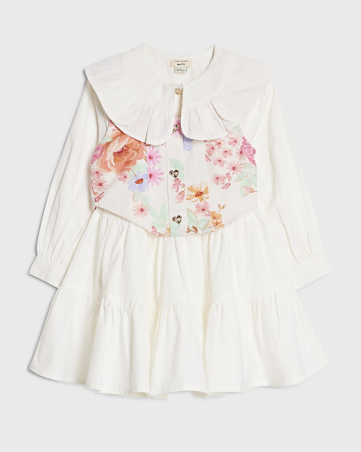 Mini Girls White Floral 2in1 Shirt Dress