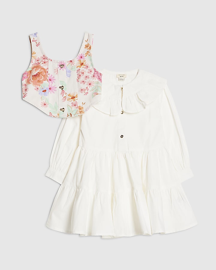 Mini Girls White Floral 2in1 Shirt Dress
