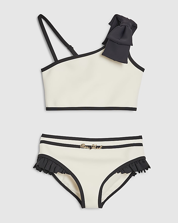 Girls Cream 3D Bow Asymmetric Bikini Set