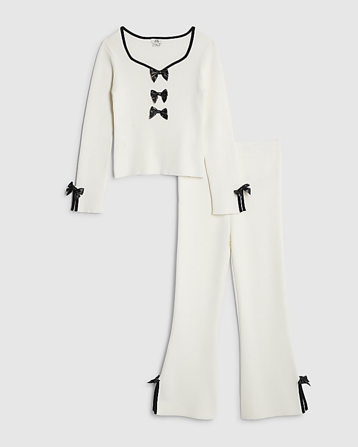 Girls Cream Bow Trouser Set