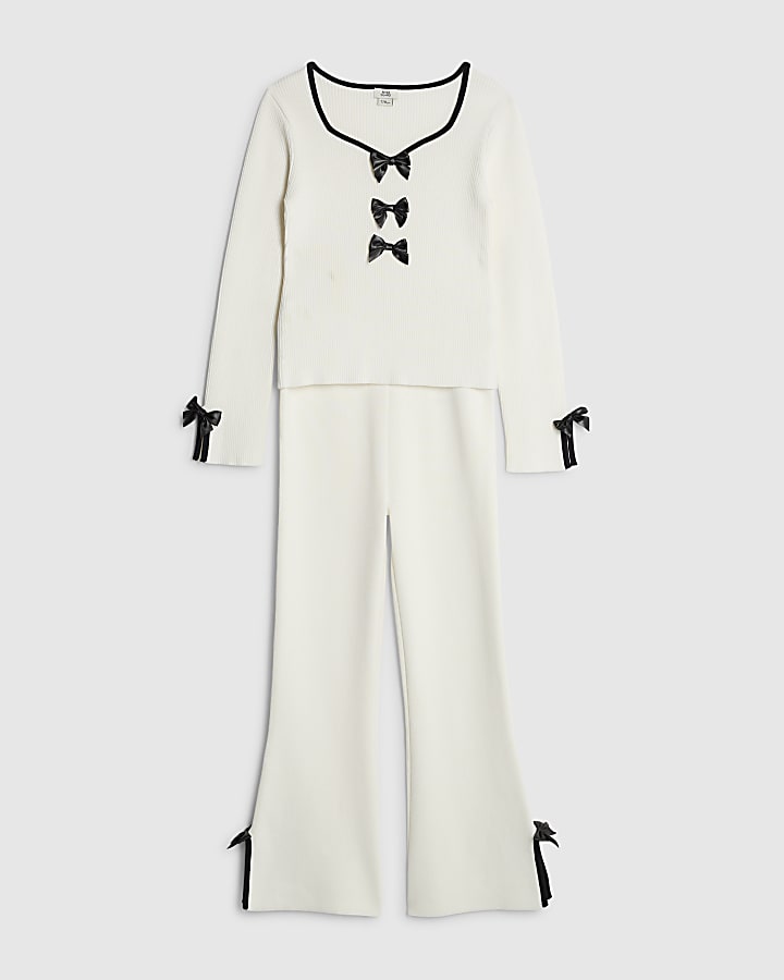 Girls Cream Bow Trouser Set