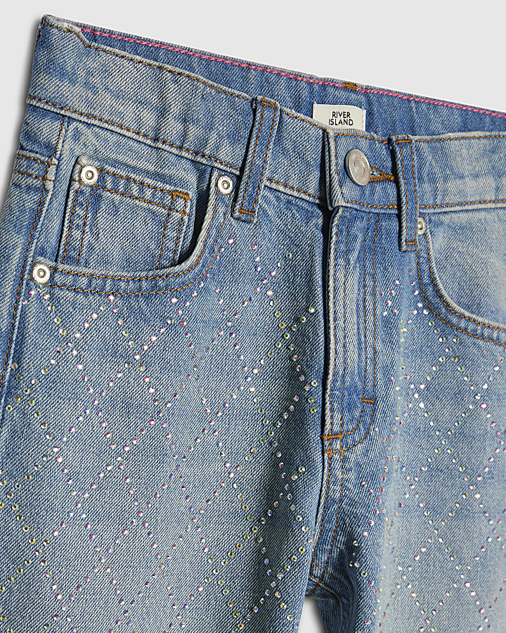 Girls Blue Embellished Cross Straight Jeans