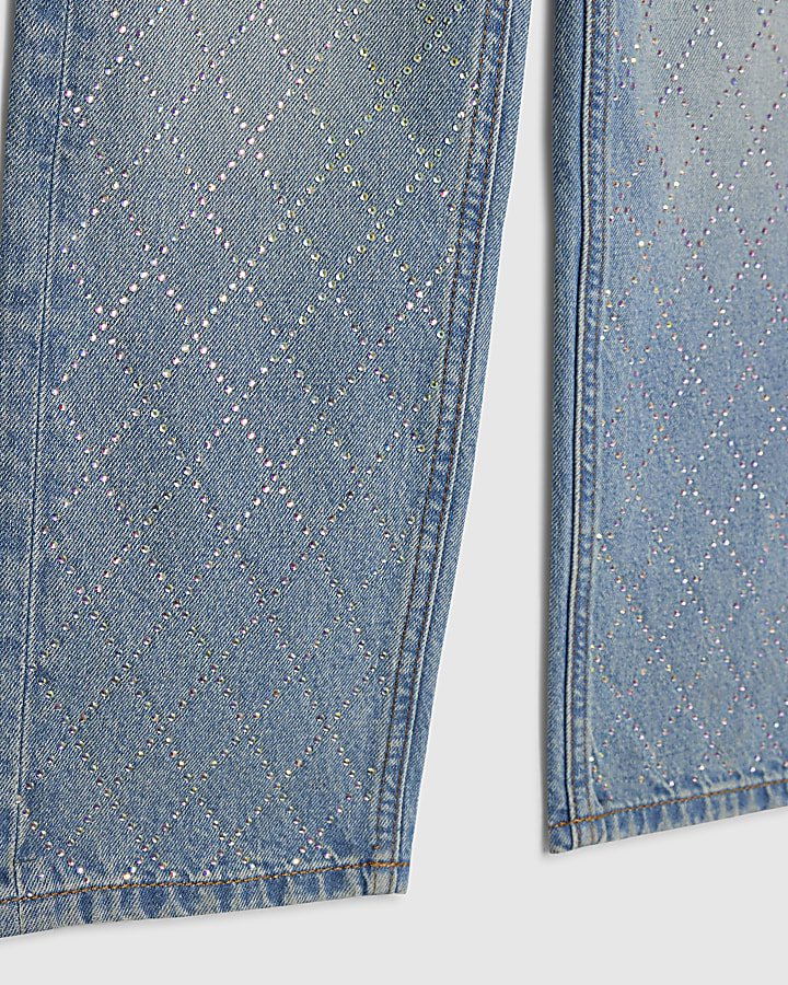 Girls Blue Embellished Cross Straight Jeans