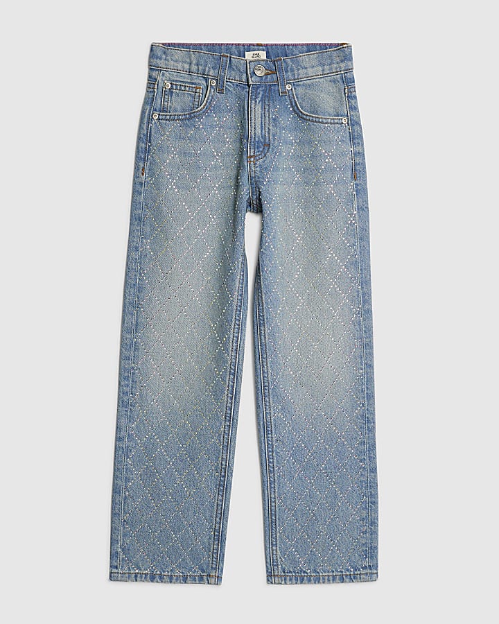 Girls Blue Embellished Cross Straight Jeans