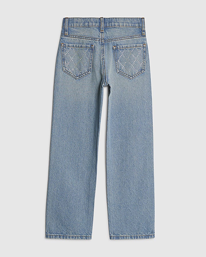 Girls Blue Embellished Cross Straight Jeans
