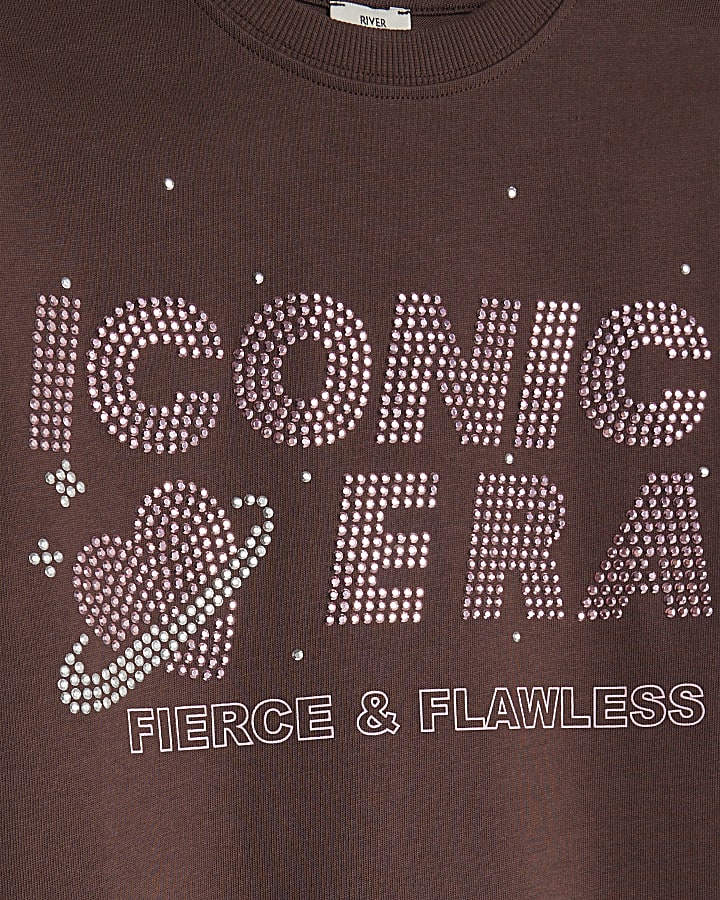 Girls Brown Embellished Iconic Era T-Shirt