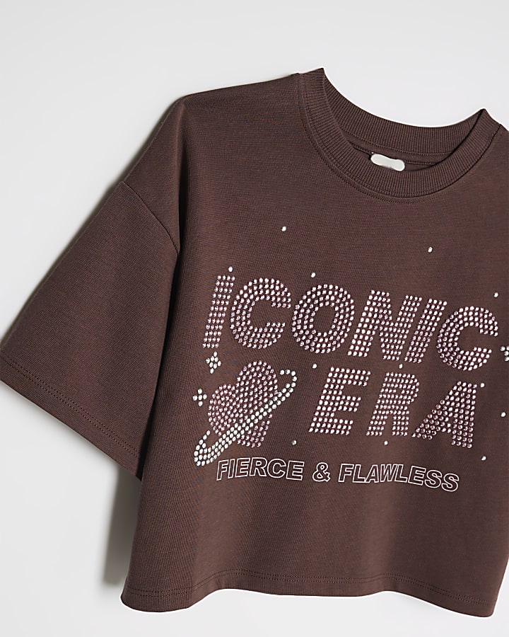 Girls Brown Embellished Iconic Era T-Shirt