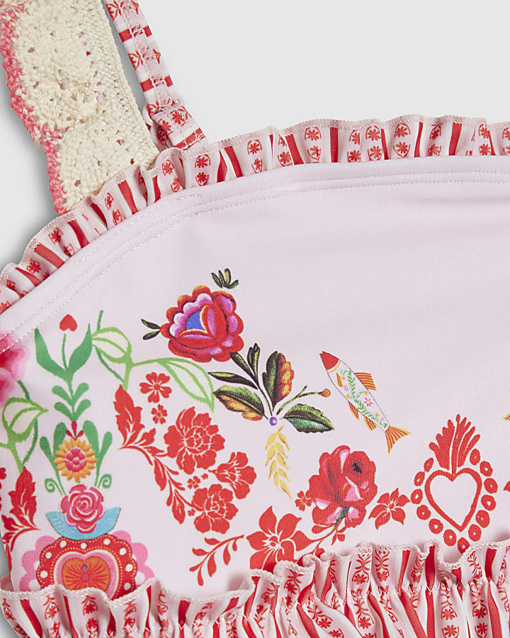 Girls Pink Floral Print Bikini Set