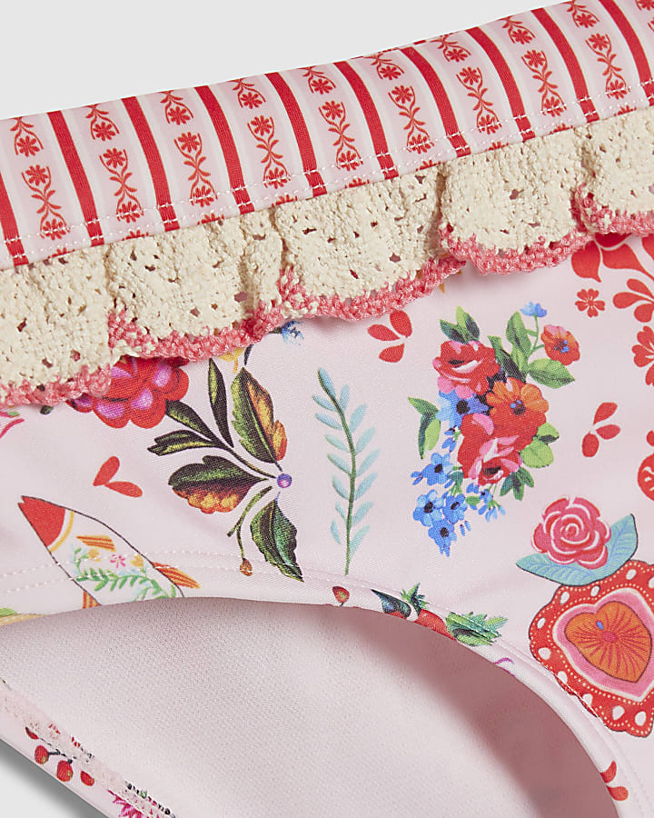 Girls Pink Floral Print Bikini Set