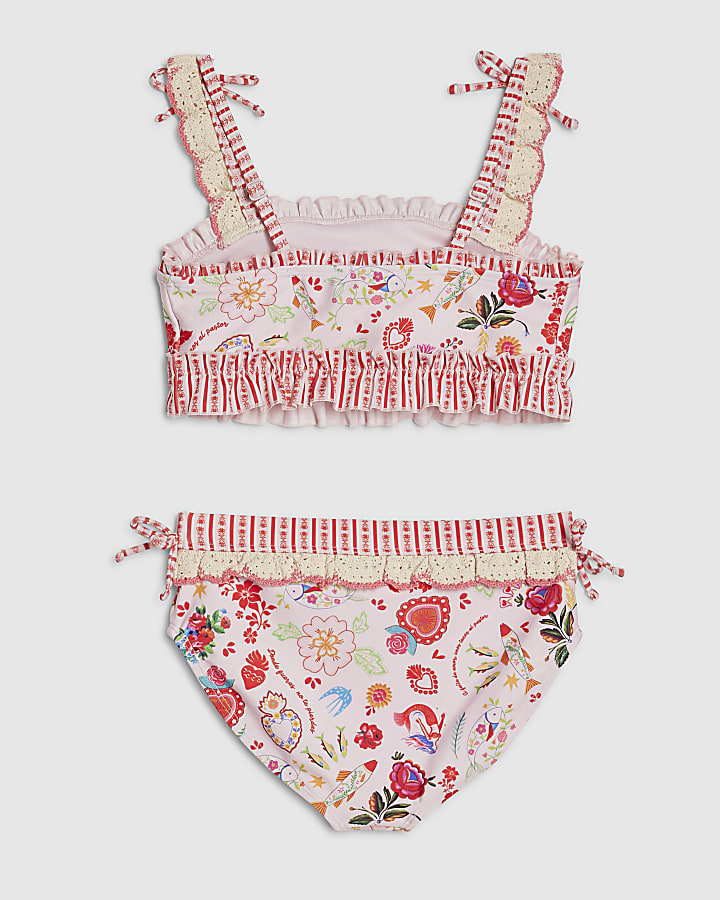 Girls Pink Floral Print Bikini Set