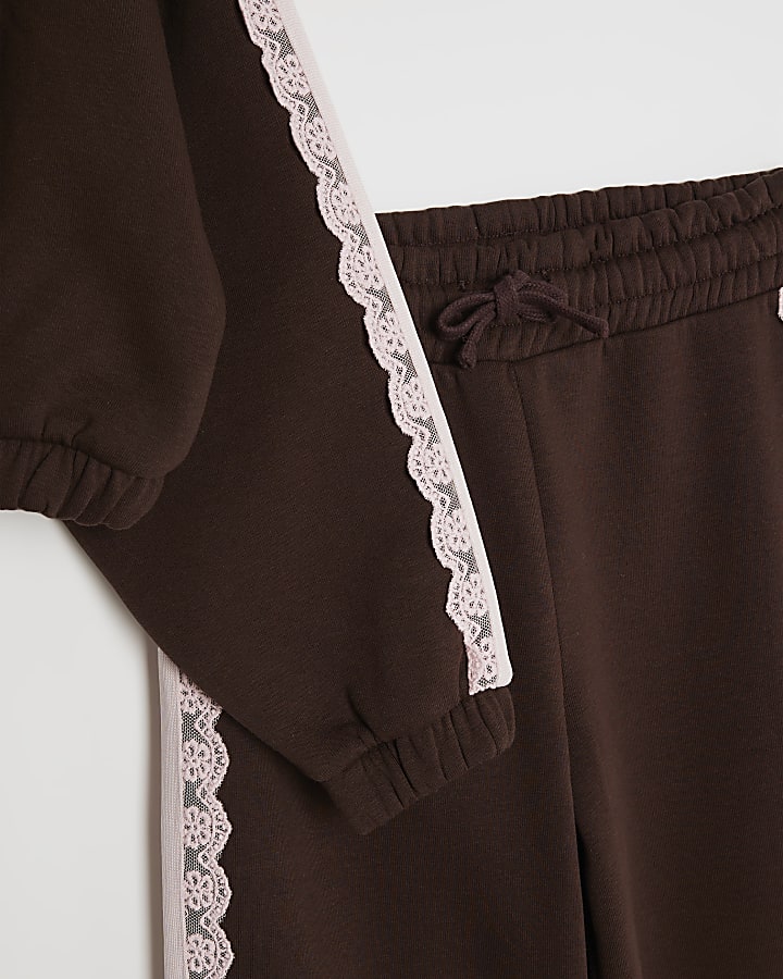 Girls Brown Lace Trim Tracksuit Set