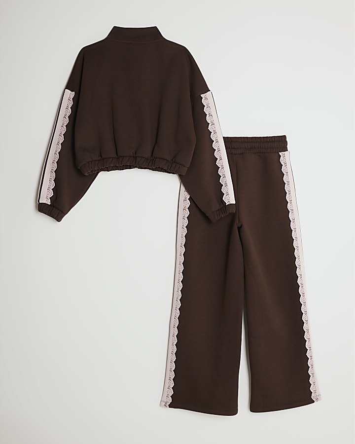 Girls Brown Lace Trim Tracksuit Set