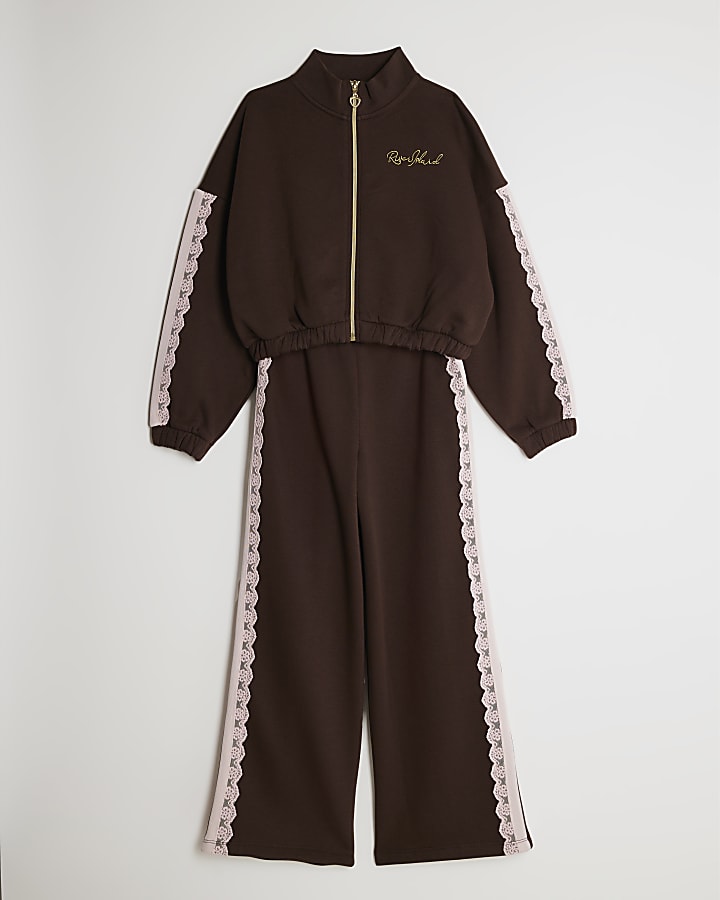 Girls Brown Lace Trim Tracksuit Set