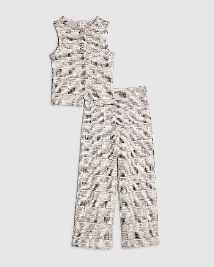 Girls Pink Check Boucle Waistcoat Set