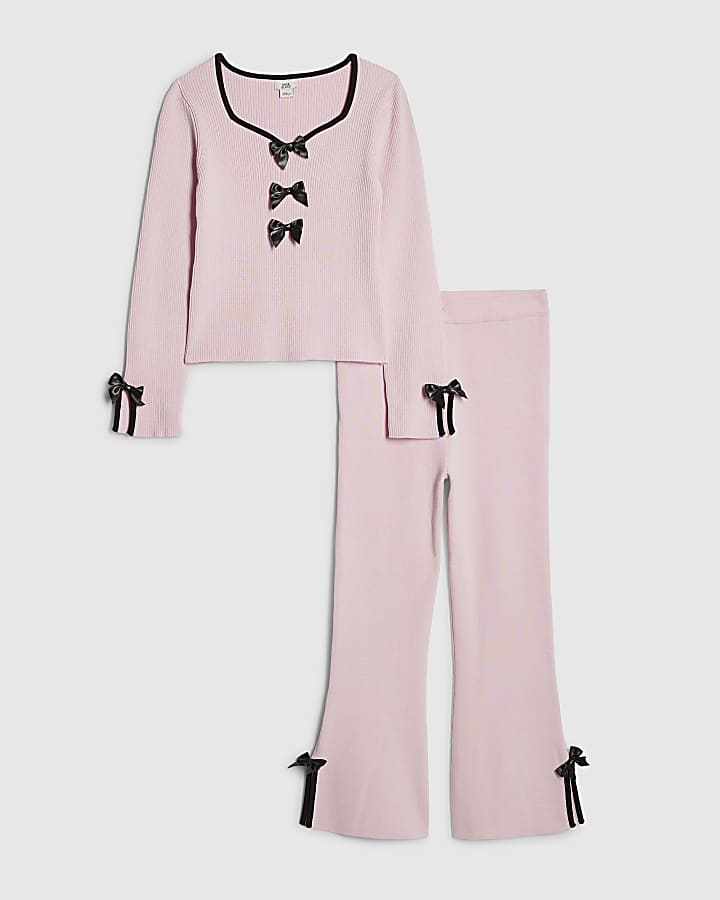 Girls Pink Bow Top And Trousers Set