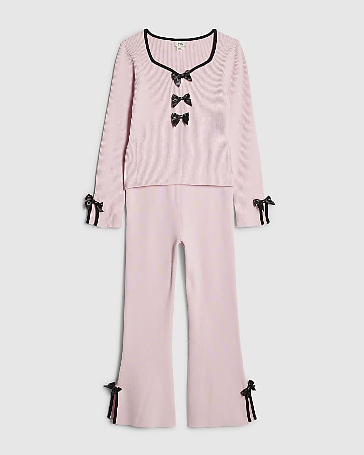 Girls Pink Bow Top And Trousers Set