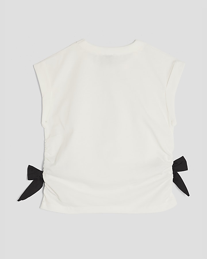 Girls White Side Bow T-shirt
