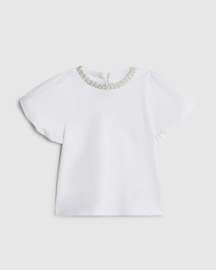 Mini Girls White Pearl Necklace T-Shirt