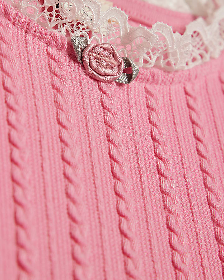 Mini Girls Pink Cable Knitted T-Shirt Set