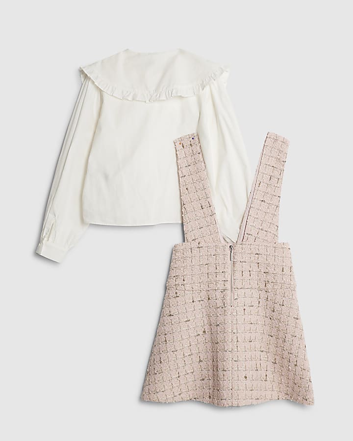 Girls Pink Boucle Pinafore Shirt Dress