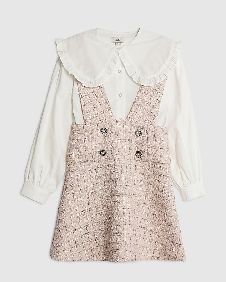 Girls Pink Boucle Pinafore Shirt Dress