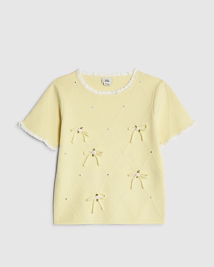 Girls Yellow Rose Bow Diamante Top