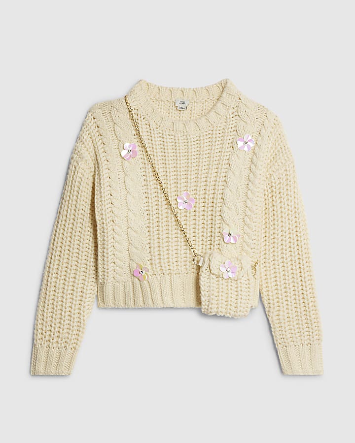 Girls Yellow Knitted Flower Jumper With Bag