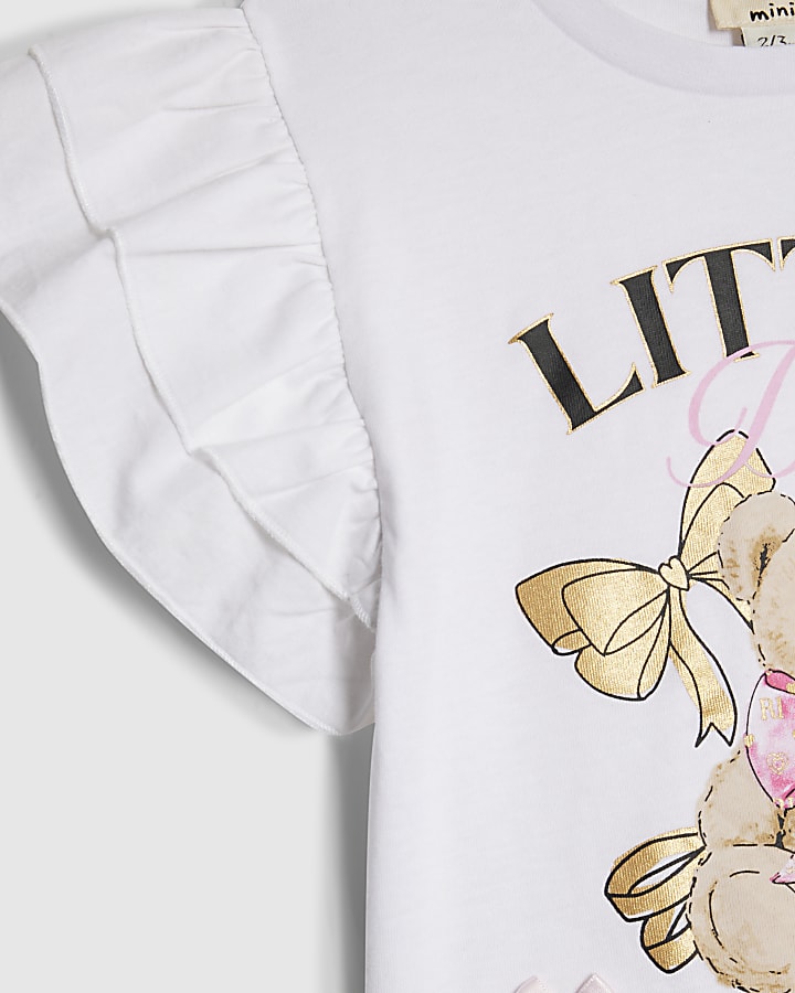 Mini Girls White Frill Sleeve Bear T-Shir Set