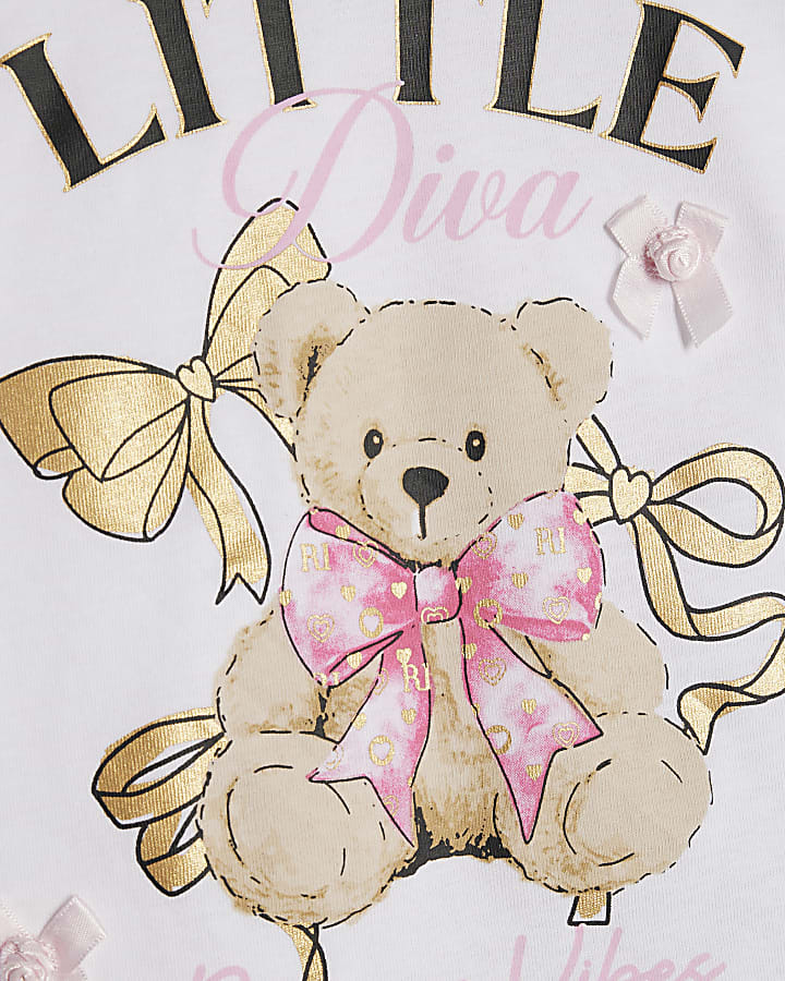 Mini Girls White Frill Sleeve Bear T-Shir Set