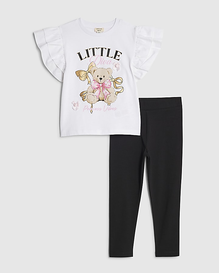 Mini Girls White Frill Sleeve Bear T-Shir Set