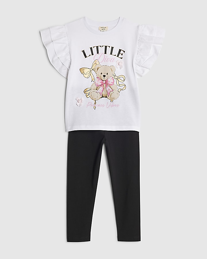 Mini Girls White Frill Sleeve Bear T-Shir Set