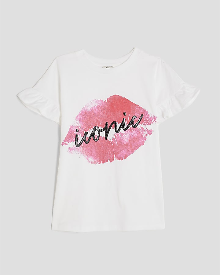 Girls White Iconic Lips Frill T-Shirt