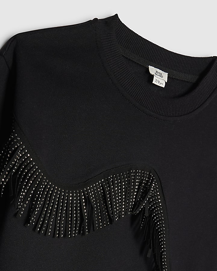 Girls Black Fringed Sweatshirt And Skirt Set