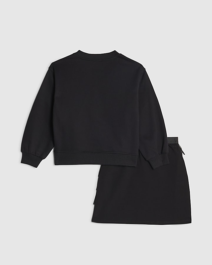 Girls Black Fringed Sweatshirt And Skirt Set